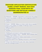 PESTICIDE APPLICATOR CERTIFICATION (CORE) LATEST MANUAL 2023-2024  VERSION FINAL EXAM WITH 90+  QUESTIONS AND DETAILED CORRECT ANSWERS/RATED A+