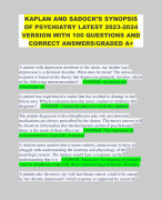 KAPLAN AND SADOCK’S SYNOPSIS OF PSYCHIATRY LATEST 2023-2024 VERSION WITH 100 QUESTIONS AND CORRECT ANSWERS/GRADED A+ 