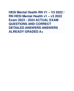 HESI Mental Health RN V1 – V3 2022 / RN HESI Mental Health v1 – v3 2022 Exam 2023 - 2024 ACTUAL EXAM QUESTIONS AND CORRECT DETAILED ANSWERS ANSWERS ALREADY GRADED A+