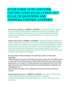 STATE FARM AUTO ADJUSTER CERTIFICATION EXAM LATEST 2023 EXAM 120 QUESTIONS AND ANSWERS(VERIFIED ANSWERS)