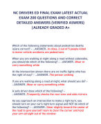 NC DRIVERS ED FINAL EXAM LATEST ACTUAL  EXAM 200 QUESTIONS AND CORRECT  DETAILED ANSWERS (VERIFIED ASWERS)  |ALREADY GRADED A+