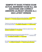 SEMPER FIT BASIC FITNESS EXAM ACTUAL MARINENET EXAM ALL 200 QUESTIONS AND CORRECT ANSWERS (ALREADY GRADED A+) | 2024 LATEST VERSION
