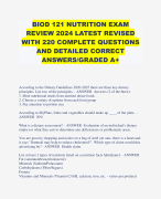 BIOD 121 NUTRITION EXAM REVIEW 2024 LATEST REVISED WITH 220 COMPLETE QUESTIONS AND DETAILED CORRECT ANSWERS/GRADED A+ 
