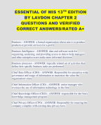 ESSENTIAL OF MIS 13TH EDITION BY LAVDON CHAPTER 2 QUESTIONS AND VERIFIED CORRECT ANSWERS/RATED A+