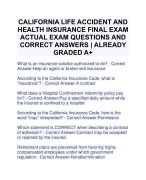 CALIFORNIA LIFE ACCIDENT AND HEALTH INSURANCE FINAL EXAM ACTUAL EXAM QUESTIONS AND CORRECT ANSWERS | ALREADY GRADED A+