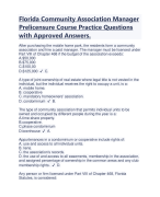 Florida Community Association Manager Prelicensure Course Practice Questions with Approved Answers | Latest 2024/2025