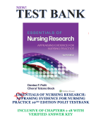 ESSENTIALS OF NURSING RESEARCH: APPRASING EVIDENCE FOR NURSING PRACTICE 10TH EDITION POLIT TESTBANK INCLUSIVE OF CHAPTERS 1-18 WITH  VERIFIED ANSWER KEY