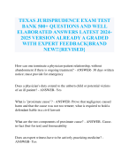 TEXAS JURISPRUDENCE EXAM TEST BANK 500+ QUESTIONS AND WELL ELABORATED ANSWERS LATEST 2024- 2025 VERSION ALREADY A GRADED WITH EXPERT FEEDBACK|BRAND NEW!!