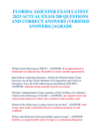 FLORIDA ADJUSTER EXAM LATEST 2023 ACTUAL EXAM 200 QUESTIONS  AND CORRECT ANSWERS (VERIFIED  ANSWERS) |AGRADE