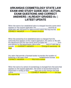 ARKANSAS COSMETOLOGY STATE LAW EXAM AND STUDY GUIDE 2024 | ACTUAL EXAM QUESTIONS AND CORRECT ANSWERS | ALREADY GRADED A+ | LATEST UPDATE