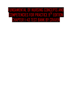 FUNDAMENTAL OF NURSING CONCEPTS AND COMPETENCIES FOR PRACTICE 9TH EDITION CHAPTER 1-43 TEST BANK BY CRAVEN 
