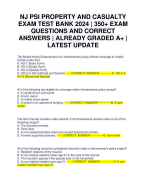 NJ PSI PROPERTY AND CASUALTY EXAM TEST BANK 2024 | 350+ EXAM QUESTIONS AND CORRECT ANSWERS | ALREADY GRADED A+ | LATEST UPDATE