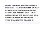 Illinois Pesticide Applicator General Standards / ILLINOIS RIGHTS OF WAY PESTICIDE APPLICATOR GENERAL STANDARDS NEWEST 2024 – 2025 ACTUAL EXAM 269 QUESTIONS AND CORRECT DETAILED ANSWERS VERIFIED ANSWERS GRADED A+
