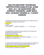 NHA PHLEBOTOMY TECHNICIAN CERTIFICATION EXAM ACTUAL EXAM 2024 | ALL 100 QUESTIONS AND CORRECT ANSWERS | AUMT MOCK NHA | ALREADY GRADED A+ | LATEST VERSION