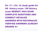 Ch. 11 + Ch. 12 study guide for US history exam / US History exam NEWEST 2024 EXAM COMPLETE QUESTIONS AND CORRECT DETAILED ANSWERS WITH RATIONALES VERIFIED ANSWERS ALREADY GRADED A+