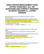 BASIC DRIVER IMPROVEMENT EXAM ACTUAL EXAM 2024 | ALL 100 QUESTIONS AND CORRECT ANSWERS | ALREADY GRADED A+ | LATEST VERSION