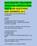 WASTEWATER TREATMENT OPERATOR CERTIFICATION TEST #1/80 QUESTIONS AND ANSWERS (A+)