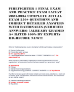 FIREFIGHTER 1 FINAL EXAM AND PRACTICE EXAM LATEST 2024-2025 COMPLETE ACTUAL EXAM 250+ QUESTIONS AND CORRECT DETAILED ANSWERS WITH RATIONALES (VERIFIED ANSWERS) |ALREADY GRADED A+ RATED 100% BY EXPERTS HIGHSCORE NEW!!!