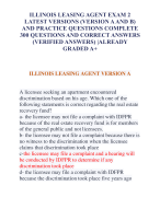 ILLINOIS LEASING AGENT EXAM 2  LATEST VERSIONS (VERSION A AND B)  AND PRACTICE QUESTIONS COMPLETE  300 QUESTIONS AND CORRECT ANSWERS  (VERIFIED ANSWERS) |ALREADY  GRADED A+