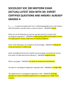 SOCIOLOGY SOC 200 MIDTERM EXAM (ACTUAL) LATEST 2024 WITH 30+ EXPERT CERTIFIED QUESTIONS AND ANSERS I ALREADY GRADED A  