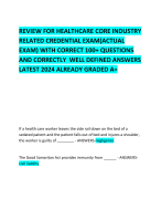 REVIEW FOR HEALTHCARE CORE INDUSTRY RELATED CREDENTIAL EXAM(ACTUAL EXAM) WITH CORRECT 100+ QUESTIONS AND CORRECTLY  WELL DEFINED ANSWERS LATEST 2024 ALREADY GRADED A+ 