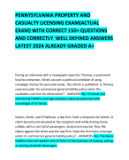 PENNYSYLVANIA PROPERTY AND CASUALTY LICENSING EXAM(ACTUAL EXAM) WITH CORRECT 150+ QUESTIONS AND CORRECTLY  WELL DEFINED ANSWERS LATEST 2024 ALREADY GRADED A+ 