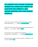 ACI CONCRETE FIELD TESTING TECHNICIAN EXAM(ACTUAL EXAM) WITH CORRECT 80+ QUESTIONS AND CORRECTLY  WELL DEFINED ANSWERS LATEST 2024 ALREADY GRADED A+ 