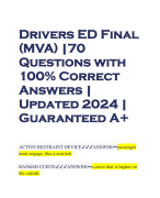 Drivers ED Final (MVA) |70 Questions with 100% Correct Answers | Updated 2024 | Guaranteed A+