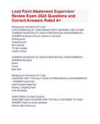 Lead Paint Abatement Supervisor  Review Exam 2024 | VerifiedExam Lead Paint Abatement Supervisor Exam Latest 2024Questions and  Correct Answers Rated A+