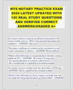 NYS NOTARY PRACTICE EXAM  2024 LATEST UPDATED WITH  120 REAL STUDY QUESTIONS  AND VERIFIED CORRECT  ANSWERS/GRADED A+