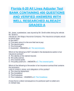 Florida 6-20 All Lines Adjuster Test BANK CONTAINING 400 QUESTIONS  AND VERIFIED ANSWERS WITH  WELL RESEARCHED ALREADY  GRADED A