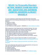 NCLEX for Personality Disorders ACTUAL NEWEST EXAM 2024 WITH  200+ QUESTIONS AND ANSWERS  (VERIFIED ANSWERS) ALREADY  GRADED A