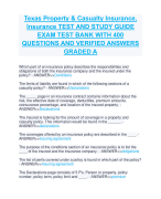 Texas Property & Casualty Insurance,  Insurance TEST AND STUDY GUIDE  EXAM TEST BANK WITH 400  QUESTIONS AND VERIFIED ANSWERS  GRADED A