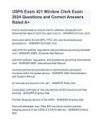 USPS Exam 421 Window Clerk Exam  2024 Questions and Correct Answers  Rated A+ | Verified USPS 421 Window Clerk Quizexam with Accurate Solutions ARanking Allpass 