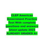 CLEP American Government Practice Test With complete questions and answers latest update 2023 ALREADY GRADED A+