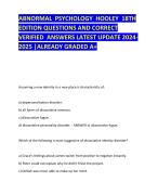 ABNORMAL PSYCHOLOGY HOOLEY 18TH EDITION QUESTIONS AND CORRECT VERIFIED ANSWERS LATEST UPDATE 2024- 2025 |ALREADY GRADED A+