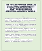 NYS NOTARY PRACTICE EXAM AND  2024 ACTUAL EXAM WITH 100+  STUDY GUIDE QUESTIONS  CORRECTLY ANSWERED/RATED A+