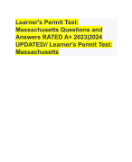 Learner's Permit Test: Massachusetts Questions and Answers RATED A+ 2023|2024 UPDATED// Learner's Permit Test: Massachusetts 