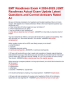 EMT Readiness Exam 4 2024-2025 | EMT  Readiness Actual Exam Update Latest  Questions and Correct Answers Rated  A+ | Verified EMT Readiness Quiz Exam 2024 with Accurate Solutions Aranking Allpass