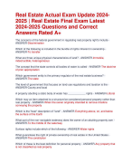 Real Estate Actual Exam Update 2024- 2025 Questions and Correct  Answers Rated A+ | Real Estate  Exam Latest  2024 Quiz with Accurate Solutions Aranking Allpass