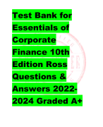 Test Bank for  Essentials of  Corporate  Finance 10th  Edition Ross Questions &  Answers 2022- 2024 Graded A+