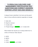 FLORIDA CHILD WELFARE CASE MANAGEMENT CERTIFICATION TEST QUESTIONS AND CORRECT ANSWERS VERIFIED LATEST 2023-2024 GRADE A +