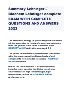 Summary Lehninger //  Biochem Lehninger complete EXAM WITH COMPLETE  QUESTIONS AND ANSWERS  2023