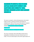 SAUNDERS PN MENTAL HEALTH EXAM (ACTUAL EXAM) WITH CORRECT 180+ QUESTIONS AND CORRECTLY  WELL DEFINED ANSWERS LATEST 2024 ALREADY GRADED A+ 