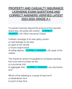 PROPERTY AND CASUALTY INSURANCE LICENSING EXAM QUESTIONS AND CORRECT ANSWERS VERIFIED LATEST 2023-2024 GRADE A +