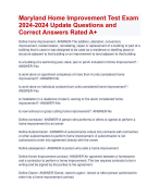 Maryland Home Improvement Test Exam  2024-2024 Update Questions and  Correct Answers Rated A+ | Verified  Maryland Home Improvement Exam Update  2024 Quiz with Accurate Solutions  Aranking Allpass    