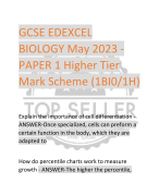GCSE EDEXCEL  BIOLOGY May 2023 - PAPER 1 Higher Tier  Mark Scheme (1BI0/1H)