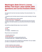 Washington State Driver's License  Written Test Exam Latest Update 2024  Questions and Correct Answers Rated  A+ | Verified Washington State Driver's License  Written Exam Update 2024  Quiz with Accurate Solutions Aranking Allpass 