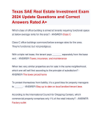Texas SAE Real Estate Investment Exam  2024 Update Questions and Correct  Answers Rated A+ | Verified Texas SAE Real Estate Investment Actual Exam  Update 2024  Quiz Accurate Solutions Aranking Allpass 