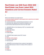 Real Estate Law SAE Exam 2024| SAE  Real Estate Law Exam Latest 2024  Questions and Correct Answers Rated  A+ | Verified Real Estate Law SAE Actual Exam Update 2024| SAE  Real Estate Law Exam Latest 2024  Quiz with Accurate Solutions Aranking Allpass